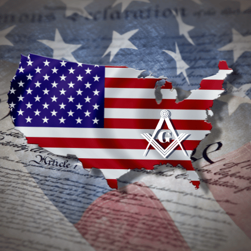 American Themed Picture with American Flag and Freemasonry Square and Compass, with G in the center.